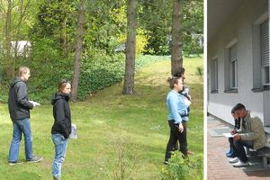 Studierende der Beuth Hochschule bei der Bestandsaufnahme der Gartenanlagen der Wilmersdorfer Seniorenstiftung